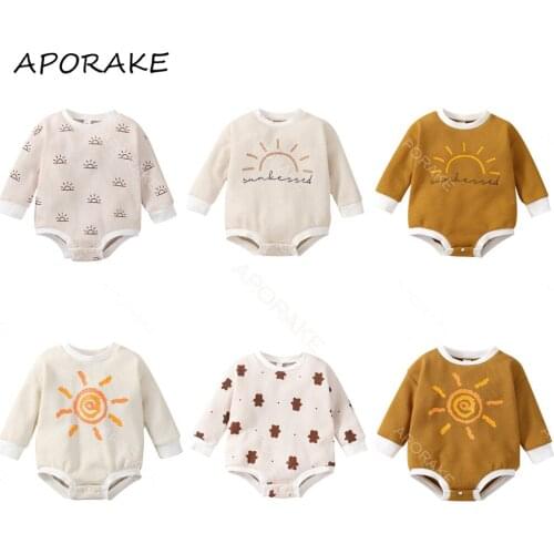 2021 0-24M Infant Boys Girls Casual Jumpsuit 6 Kinds Of Sun Print Long Sleeve Patch Round Neck Romper Playsuit Spring Fall Top