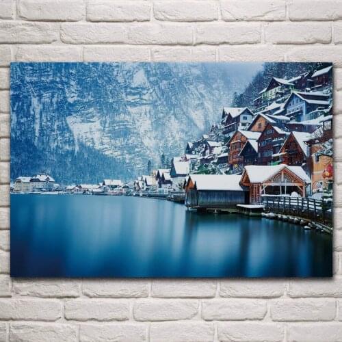Beautiful Austria hallstatt village scenery lake houses snow mountain living room home decor art print fabric poster KP333