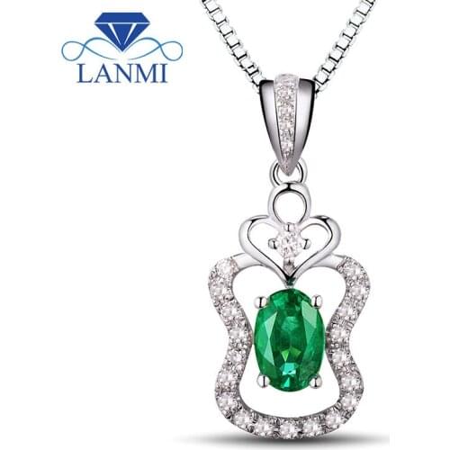 LANMI Romatic 18K 750 White Gold Emerald Pendant Diamond Oval Cut 4x6mm For Women Wedding Party WP053