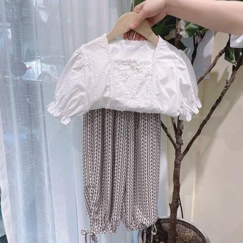 Summer Girls' Clothing Sets Puff Sleeve Jacquard Shirt +Wide-Legged Trousers Casual Pants Baby Kids Children Clothes Suit