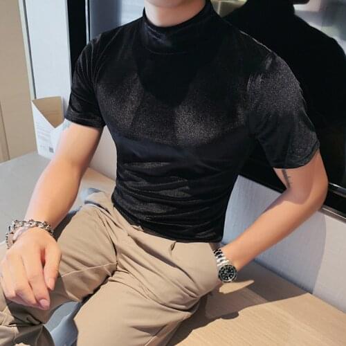 Hot Sale Autumn Winter Turtleneck New Short Sleeve Men Velvet T-Shirts Fashion Solid Slim Fit Casual Tee Shirt Homme Streetwear
