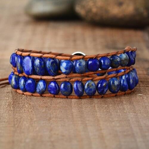 Stone Beads Men Women Leather Wrap Bracelets W/ Lapis Lazuli Beaded 2X Wristband Bracelet Couples Jewelry Wholesale Dropship