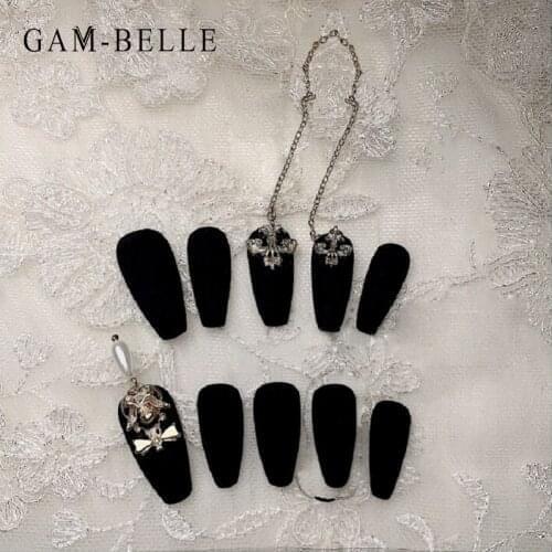 GAM-BELLE Matte Black Fake Nails French Ballerina Gothic Rhinestones Chain False Nails Artificial Full Nail Tips Manicure Tools