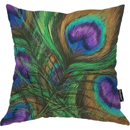 Moslion Throw Pillow Cover Peacock Feathers 18x18 Inch Animal Beautiful Colorful Digital Paint Shiny Green Purple Square Pillow