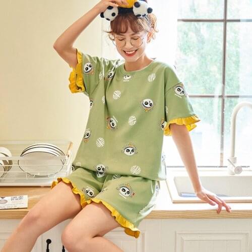 Plus Size Pajamas Womens Spring Summer Cotton Short-Sleeved Sleepwear Girl Cute Cartoon Sleep Tops Casual Fresh Green Homewear