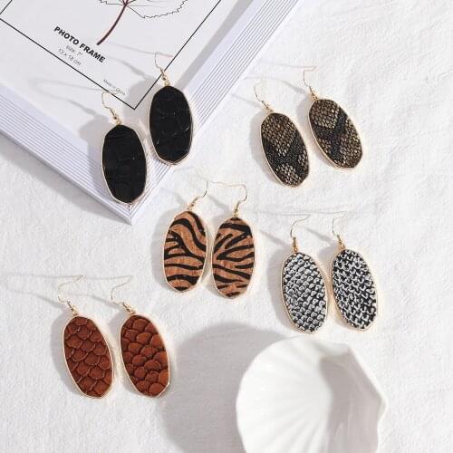 Fashion Hexagon Oval PU Leather Leopard Snakeskin Print Earrings Gold Color Dangle Brincos Pendientes Brand Jewelry Women