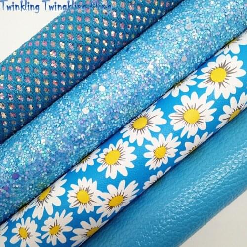 Blue Glitter leather, Flowers Printed Faux Leather, Litchi Synthetic Leather For Bow A4 21x29CM Twinkling Ming KM249