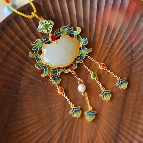 Ancient gold craft natural Hetian jade enamel porcelain tassel necklace pendant antique exquisite charm ladies jewelry