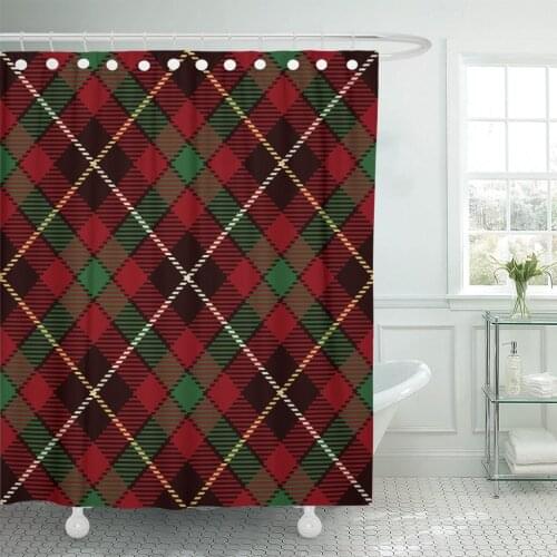 Tartan Red Black Green Yellow and White Plaid Flannel Shower Curtain Waterproof Polyester Fabric 60 x 72 Inches Set with Hooks