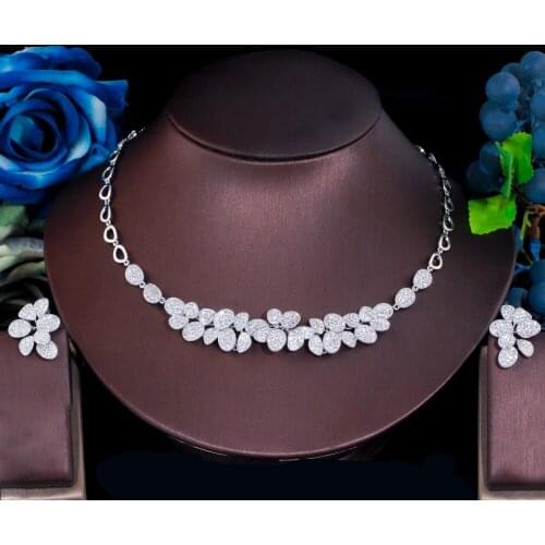 ThreeGraces Temperament Mirco Pave Cubic Zirconia Bridal Wedding Leaf Choker Necklace and Earrings Jewelry Set for Women T0631