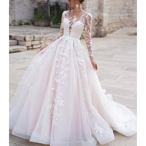 Vintage Long Sleeve O-Neck Lace Wedding Dresses A-Line Illusion Back Tulle Robes De Mariée Bridal Gown For Women