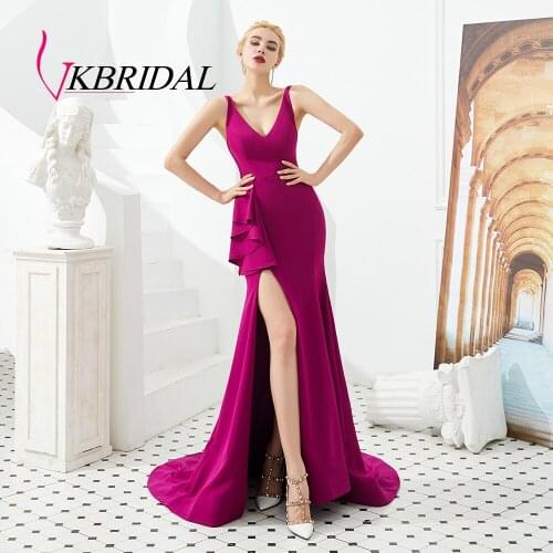 Vkbridal Sexy High Slit Mermaid Prom Dresses Long Deep V-neck Backless Evening Dress with train 2020 New Arrival Party Gowns
