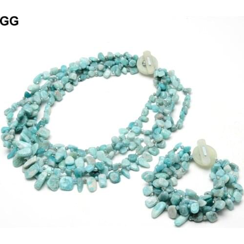 GG Jewelry 20" 5 Strands Natural Gems Blue Amazonite Top-drilled Fancy Polished Necklace Bracelet Sets Handmade Cute For Women