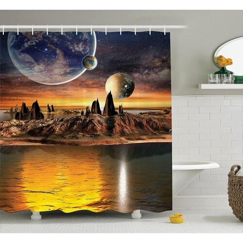 Galaxy Shower Curtain Fantasy Decor Alien Planet with Earth Moon and Mountain Fantasy Sci fi Galactic Future Bathroom Curtains