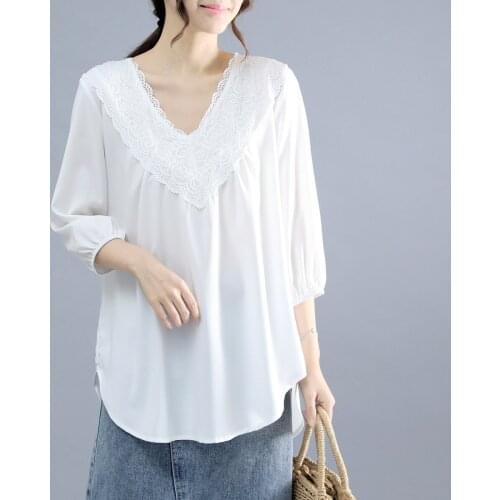 2021 Plus size 5XL Summer Womens Seven Split Sleeves Blouse Black White Loose V-neck Lace Stitching Ladies Shirt Casual Tops