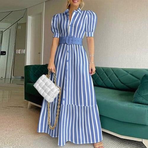 2021 Summer Bubble Shoulder Sexy Party Dress Spring Solid Color Buttoned Long Dress Female Elegant Lapel Office Lady Long Skirt