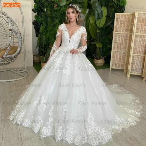 Luxury Ivory Wedding Dresses 2021 Long Sleeves Vestido De Novia Customized Tulle Lace Appliqus Bride Gown Mariage Robe De Mariée
