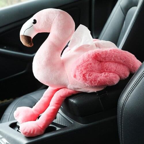 1Pcs Universal Car Armrest Tissue Box Pink Flamingo Styling Creative Cute Plush Tissue Case Toys Home Car Decorative Accessories