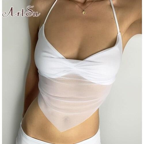 ArtSu See Through Sexy Mesh Bralette Crop Top Women Backless Lace Up Sexy Gothic E Girl Sleeveless Halter Ruched Tops VE52486