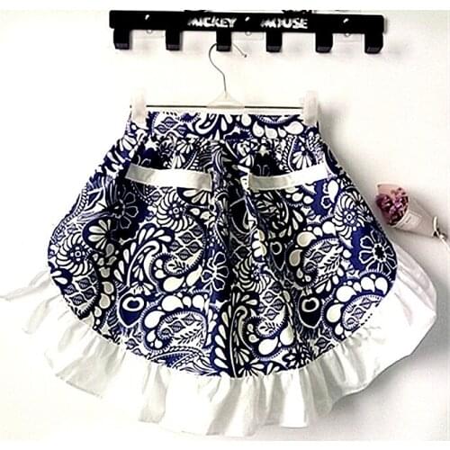 Blue and White Porcelain Half Waist Bistro Restaurant White Ruffle Women Kitchen Cooking Avental de Cozinha Cotton Canvas Apron