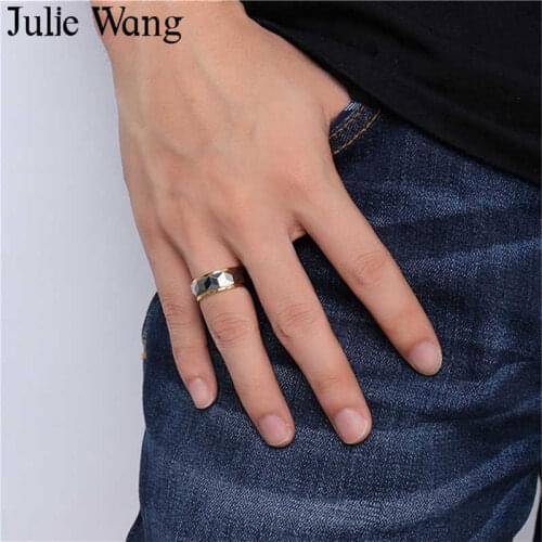 Julie Wang 8MM Tungsten Steel Carbide Men Finger Rings Multi-Faceted Prism Gold Ring Wedding Band Punk Fashion Male Jewelry