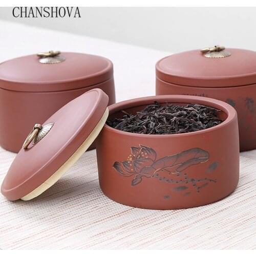 CHANSHOVA Purple Clay tea caddy Sealed against moisture 700ml tea storage container Chinese retro style ceramic tea box