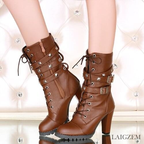 LAIGZEM Women Mid Calf Boots Heeled Round Toe Boots STYLISH Zipper Studded Buckle Chunky Heels Botines Mujer Small Big Size 3-15