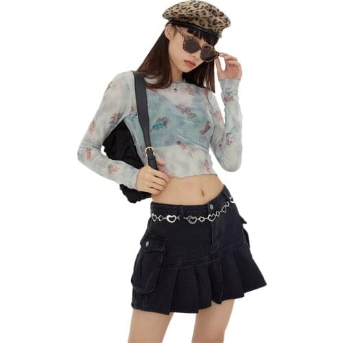 Fashion Women See-through Sheer Mesh Fishnet T-Shirt Crop Top Cute Angel Printed Female Summer Mesh Tops