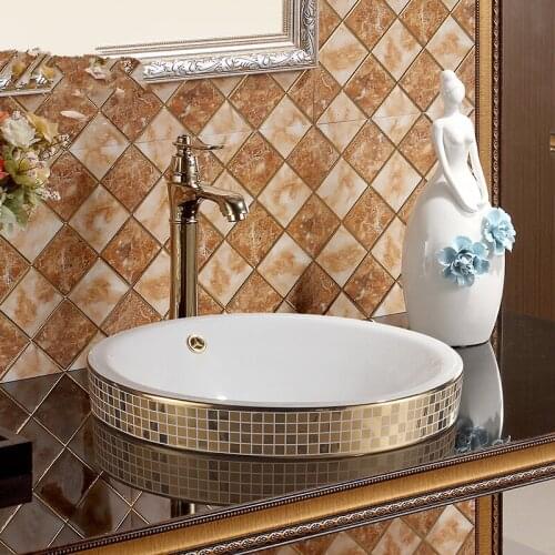 Mosaic gold chinese wash basin Jingdezhen Art Counter Top ceramic sink to bathroom Taichung basin overflow bathroom basin bowl