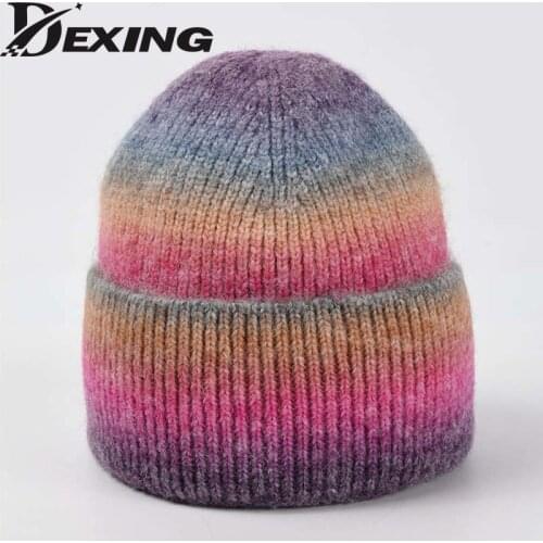 Tie Dye Wool Beanies Women Autumn Winter Thick Warm Gradient Rainbow Knitted Hat Lady Skullies Beanies Bonnets Wholesale