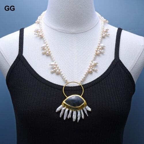GG Jewelry Natural Unique White Pearl Necklace Real Blue Labradorites Biwa Keshi Pearl Pendant 22'' Office Style For Women