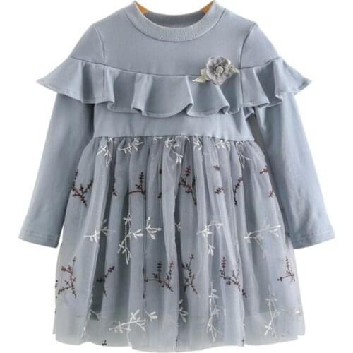 Girls Long Sleeve Dress Spring Autumn Flower Lace Patchwork Princess Birthday Childrens Clothing Free Shipping