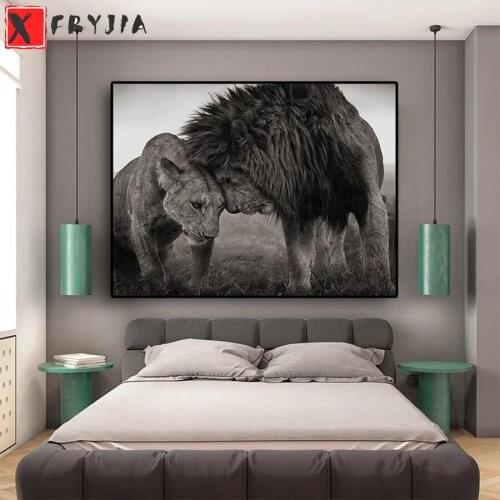 Full square Round drill Diamond embroidery Black and white animal art, lion companion 5D diamond Painting Cross Stitch Mosaic
