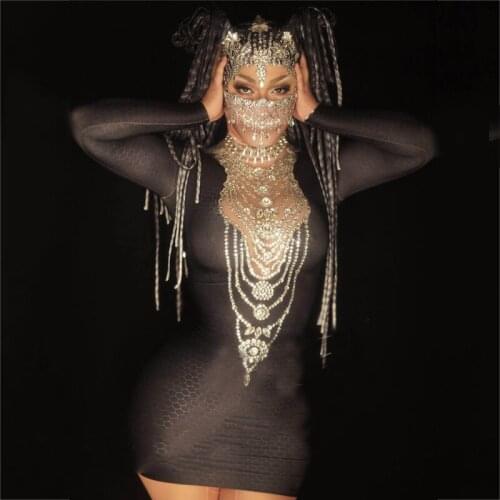 Sexy Rhinestone Elastic Dresses Fake Through Meat Buttocks Black Short Dress Adult Women Evening Dress Stage Costumes XS2108