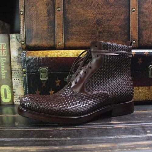 Sipriks Mens Goodyear Welted Boots Imported Itlaian Leather Woven Boots Vintage Dark Brown Braided Leather Shoe Motorcycle CIE