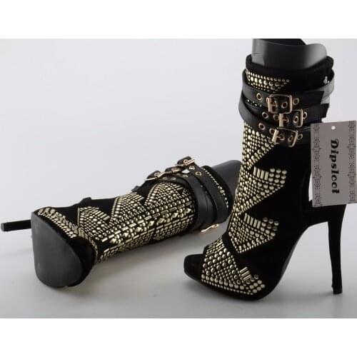 Gold Rivets Totem Ladies Sexy High Heel Ankle Boots Peep Toe Leather Buckles Women Fashion Summer Boots Slingback Boots Size 41