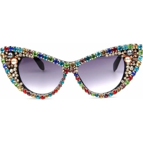 2021 cross-border color pearl rhinestone cats eye sunglasses female personality diamond glasses sunglasses women 2021