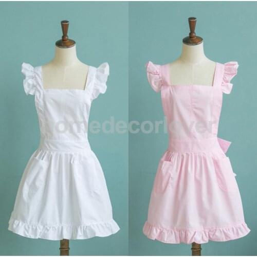 Victorian Pinafore Apron Maid Lace Smock Costume Ruffle Pockets White/Pink