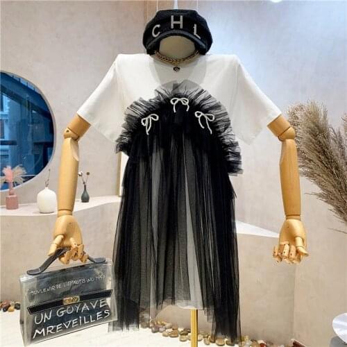 Bow Mesh Patchwork Women T-Shirts Summer New 2021 Loose Long Fake Two Pices Female Pulls Outwear Tops Tees