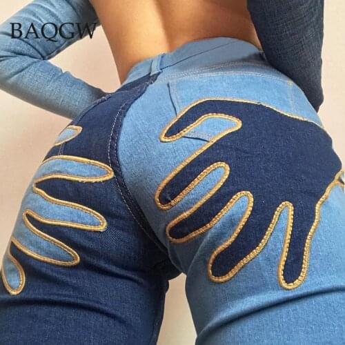 Pattern Patchwork Blue Jeans Female Y2k Denim Pants for Women Vintage Harajuku High Waist Full Length Straight Trousers Capris