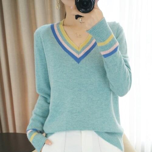 V-Neck Cashmere Sweater Women 2021Autumn Winter New Color Matching 100%Pure Wool Pullover Knit Loose Long-Sleeved Base Shirt Top