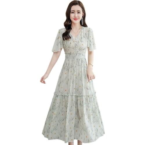 2021 Summer Korean Style Elegant Dress women vintage Print V-neck Short Sleeve Fashion Casual Chiffon Long Dresses Vestido
