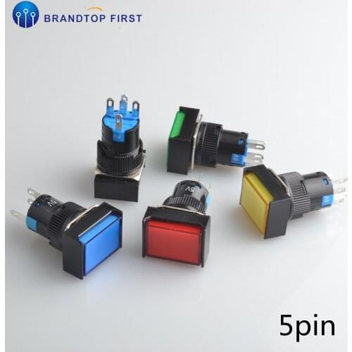 1pcs 16mm LED momentary illuminated rectangle push button switch Self-locking 5pin