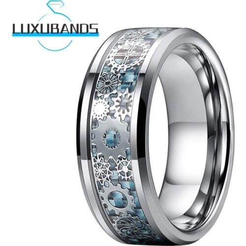 8MM Tungsten Wedding Rings For Women Men Beveled Edges Gear Light Blue Carbon-Fiber Inlay Polished Finished Comfort Fit
