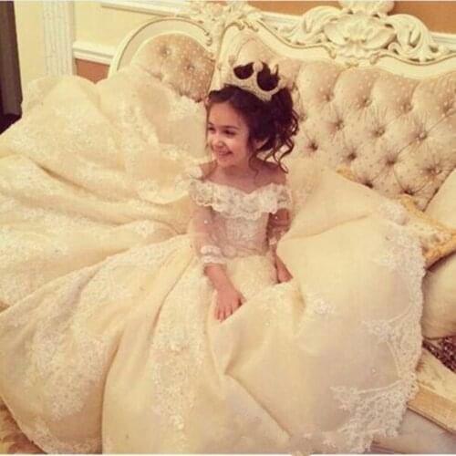 Princess Satin Flower Girls Dresses Square Neck Long Sleeves Appliques Ruched Ankle Length Christening First Communion Dresses