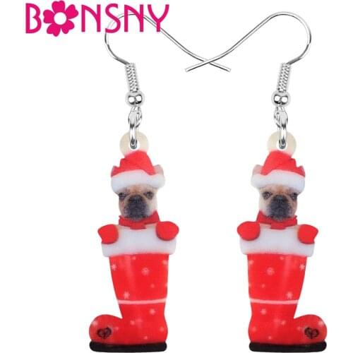 Bonsny Acrylic Christmas Sock Hat Pug Dog Earrings Drop Dangle Jewelry Animal Accessory For Women Girl Teen Kid Decorations Gift