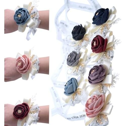Wedding Bride Bridesmaid Wrist Flower Adjustable Ribbon Bracelets Women Ceremony Party Marriage Prom Hand Flowers