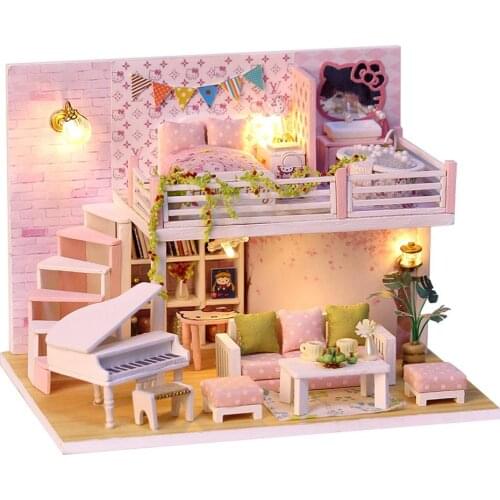 DIY cabin model with colourful fallen cherry Creative Combination of Gift Puzzle Toys