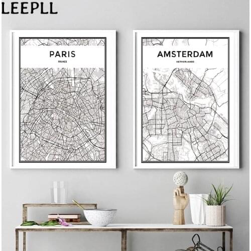 World Famous City Map New York London Paris Canvas Poster Prints Wall Art Black and White Painting Pictures for Living Room