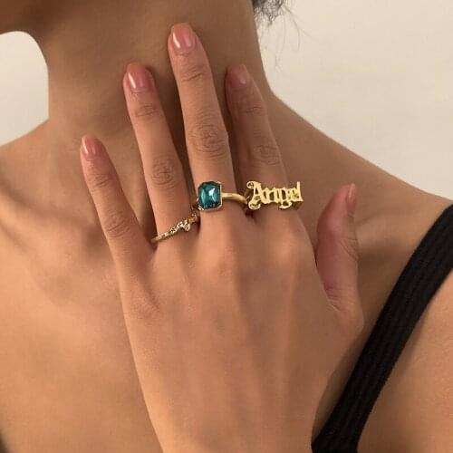 Vintage 3 Piece Set Green Color Square Crystal Charm Rings for Women Ladies Geometric Alloy Index Finger Ring Stylish Jewelry